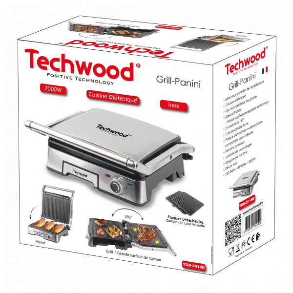 Gril Et Panineuse Saine En Inox Avec Ouverture À 180° 2000W Techwood TGD-2018D – Image 5
